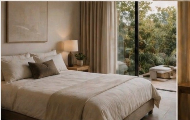 The bedroom: serene, light-filled, with views of the surrounding hills