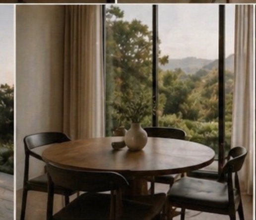 Private dining nook with a wooden round table, hill views beyond