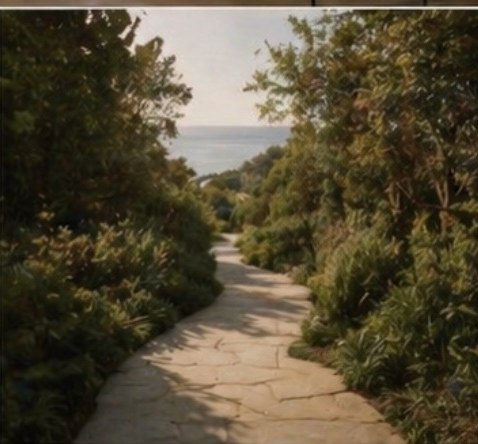Garden path through native landscape, leading to ocean views