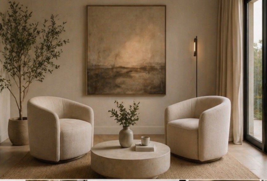A serene sitting room with two cream swivel chairs, a round travertine table, and natural light. Sample SYNERGY immersion space.