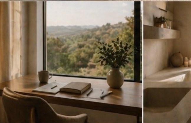 The workspace: a desk with natural light and views, designed for reflection and journaling